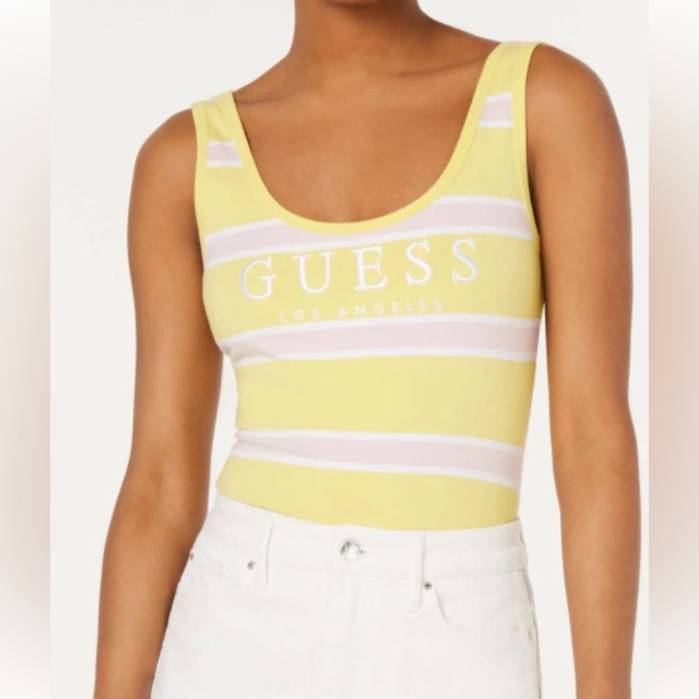 GUESS Women's Pastel Yellow and Pink Tank Top Bodysuit Logo Size S